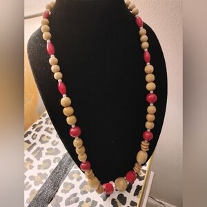Handcrafted Red and Natural Wood Bead Necklace
